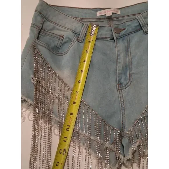 Hot & Delicious Rhinestone Fringe Denim Shorts Icy GRL Light Wash Medium... - Picture 6 of 7
